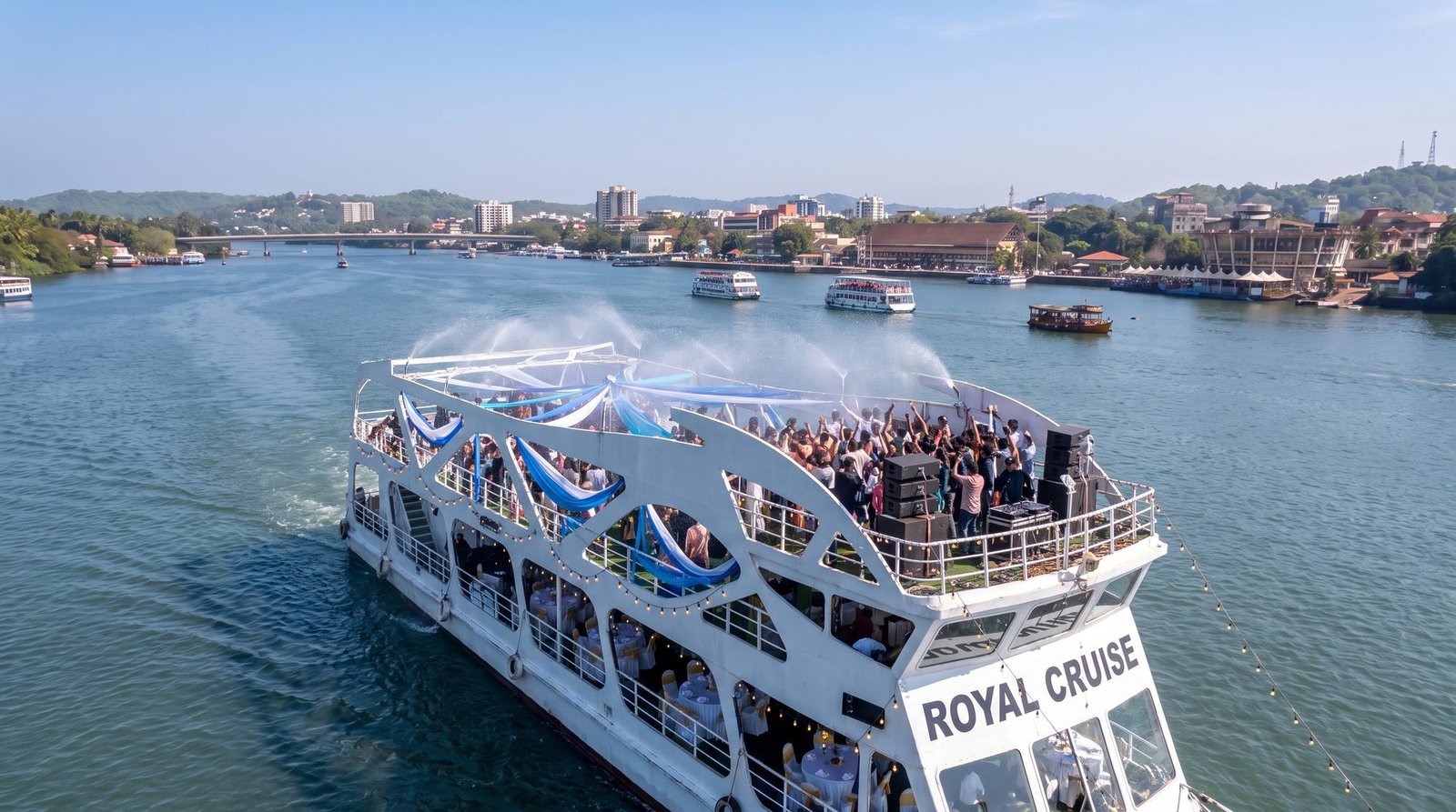 Rain Dance Cruise aerial on the Mandovi River, Goa